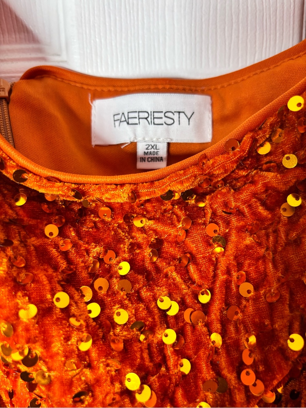 Faeriesty Plus Orange Sequin Party Dress Mesh Overlay Off Shoulder Puff Sleeve - Picture 2 of 9